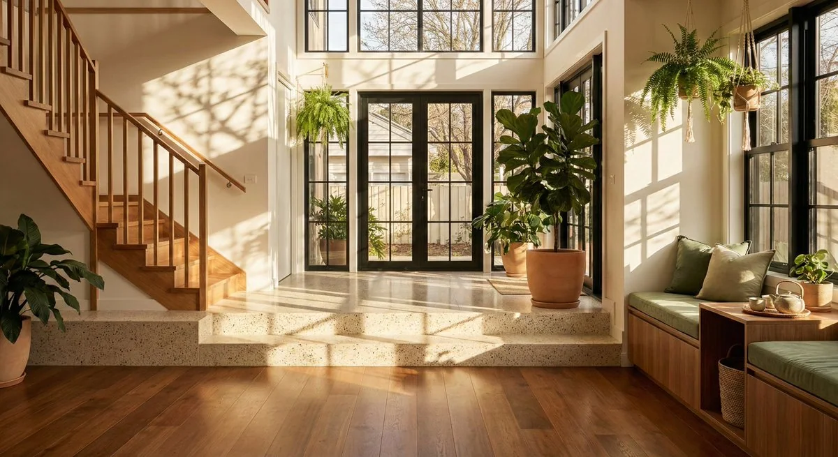 Hall contemporain à niveau décalé avec lumière traversant les ombrages des arbres