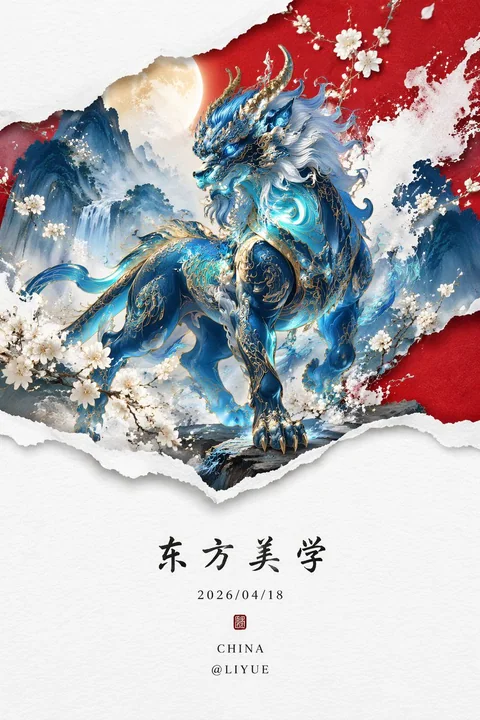 蛍光ブルーの竜き、新中華風山水画