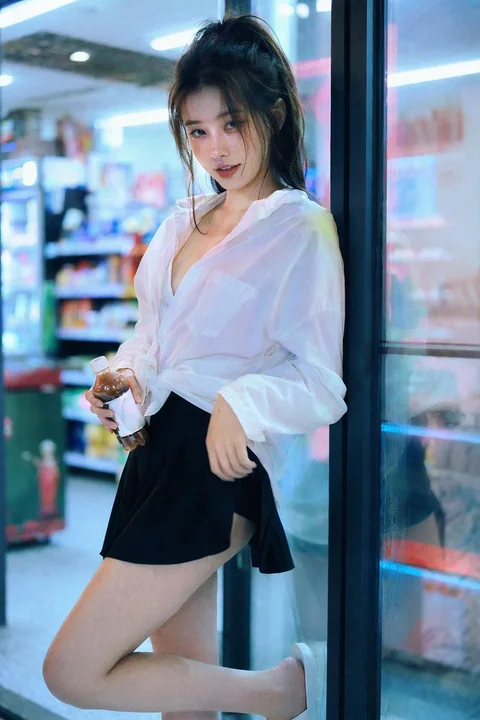 Jeune femme sensuelle sous les néons d'une épicerie 24/7