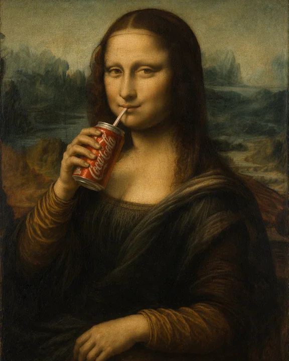 楽しそうにコーラを飲んでいるモナ・リザのユーモラスな油絵