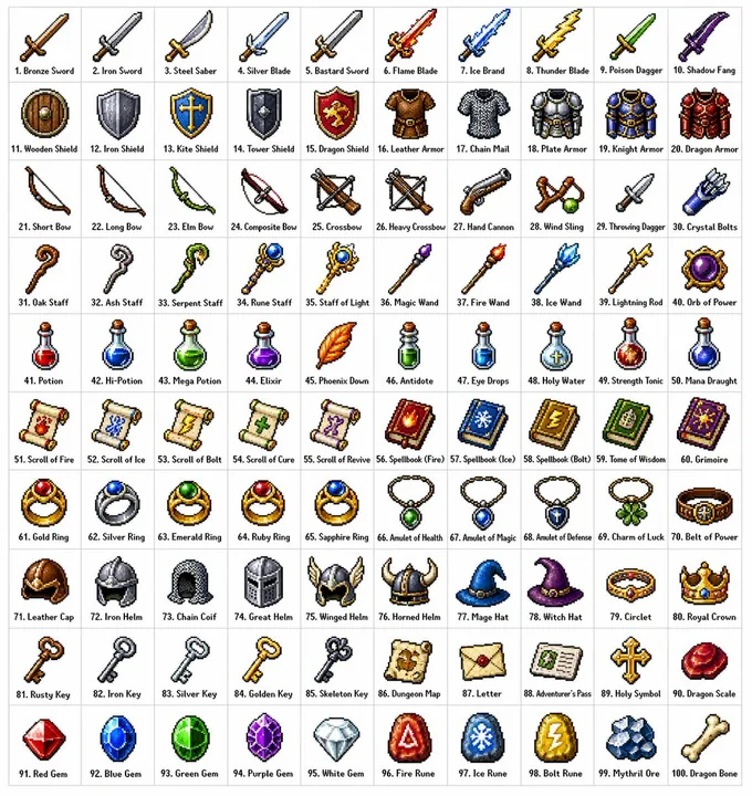 Guide des 100 objets de style pixel art pour RPG fantastique