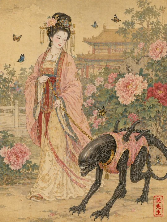 唐代贵妇遛粉色马甲异形工笔画