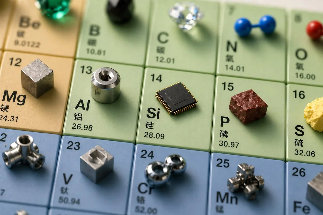 Microphotographie d'un tableau périodique en 3D