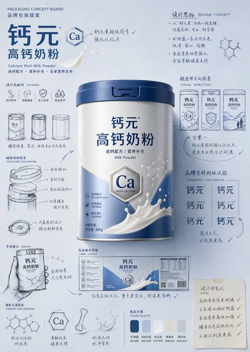 Affiche de conception de tableau de propositions de packaging avec esquisses à la main