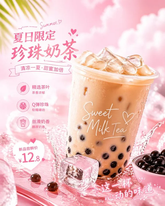 粉色少女风珍珠奶茶特写广告