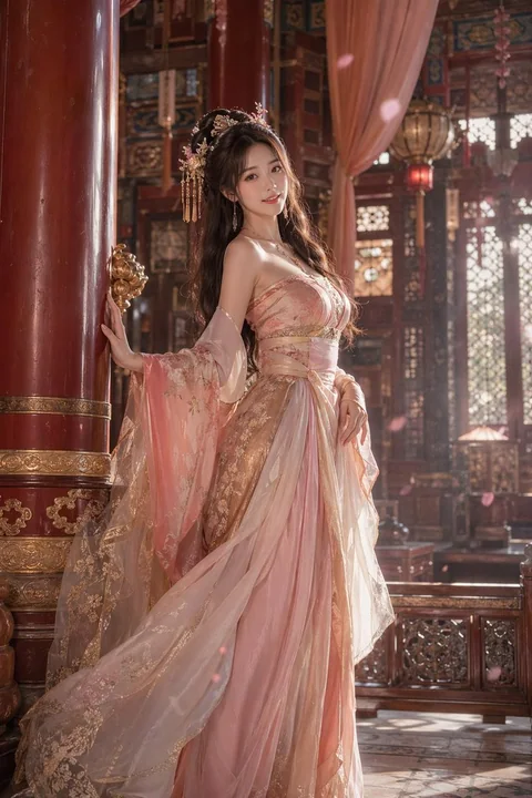 Photographie d'une belle femme portant une robe traditionnelle chinoise dans un palais, style Tang et Han