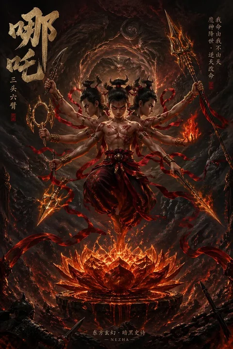 Nezha flottant dans le vide, style épopée sombre
