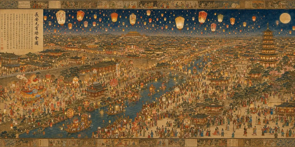 Vue d'ensemble de la fête des lanternes du yuanxiao de Chang'an de la dynastie Tang