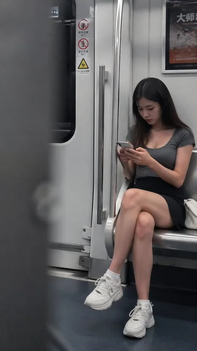 Fille regardant son téléphone portable dans un wagon de métro, prise en photo