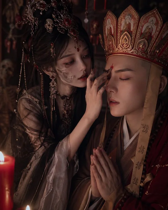 White Bone Demon and Tang Sanzang with their noses touching