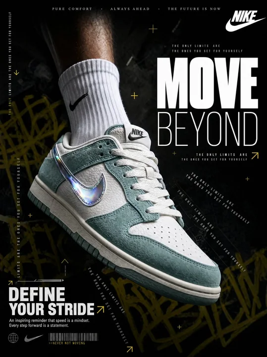 Vue d'ensemble en suspension de chaussures Nike low-top hyper réalistes