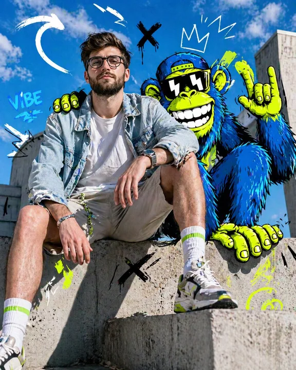 Chic model poses with neon cartoon animals