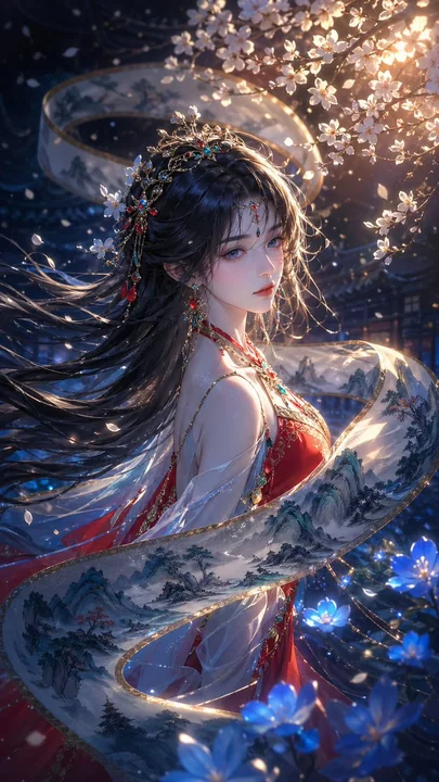 国风少女被山水长卷环绕