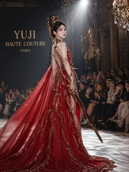 Robe rouge haute couture de Yu Ji sur la passerelle de Paris