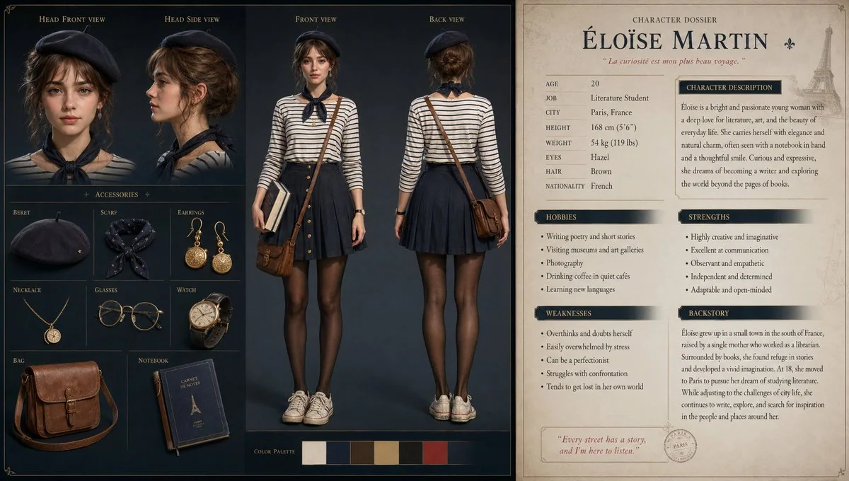 Vue d'ensemble d'un personnage de jeune fille française en 3D