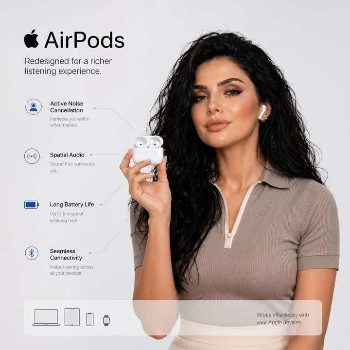 Minimalist Apple-style headphone product advertisement