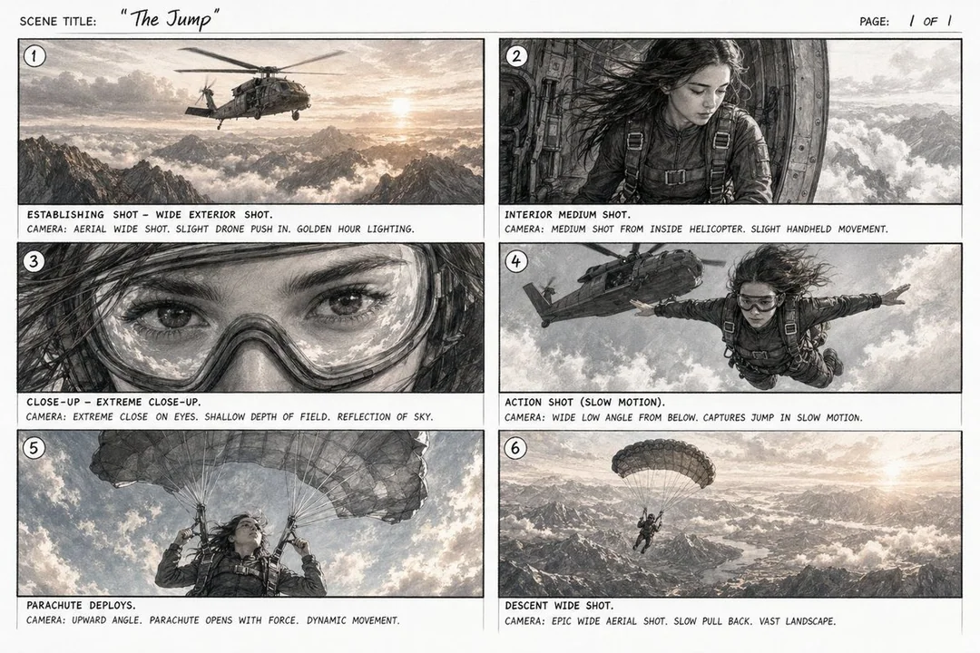 Storyboard pour un film de parachutisme dangereux