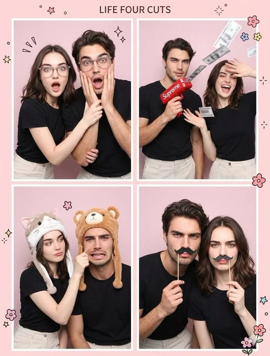 Корейские квадратные фотографии для пары с диковинными выражениями лица