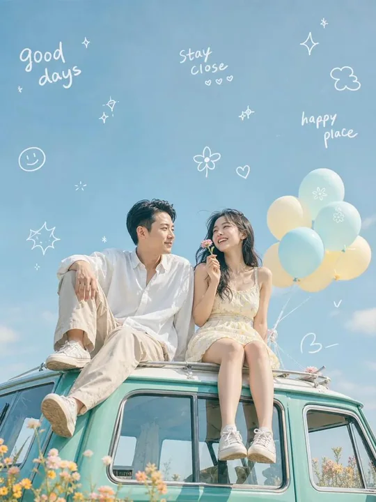 Youthful Scenery Beside a Retro Car in a Sea of Flowers