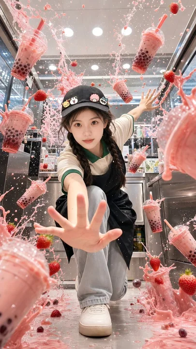 Séance photo dynamique dans une boutique de thé au lait pour femmes en Asie de l'Est