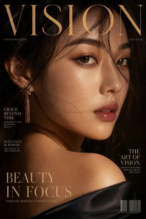 Close-up of an elegant Asian woman on a magazine cover