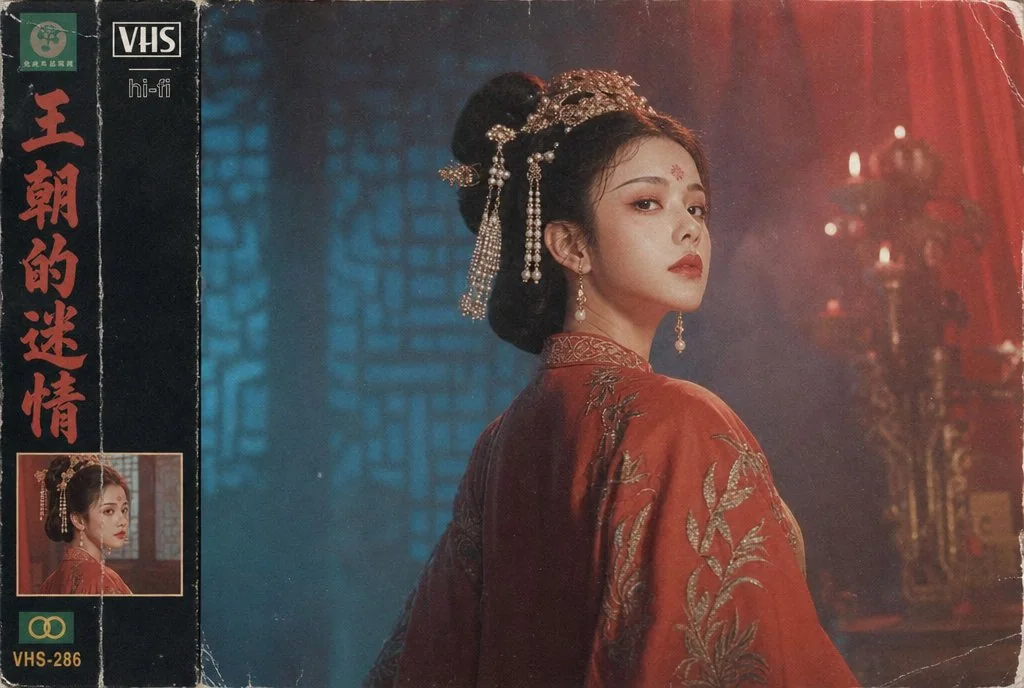 Ancient court lady in a retro VHS style image