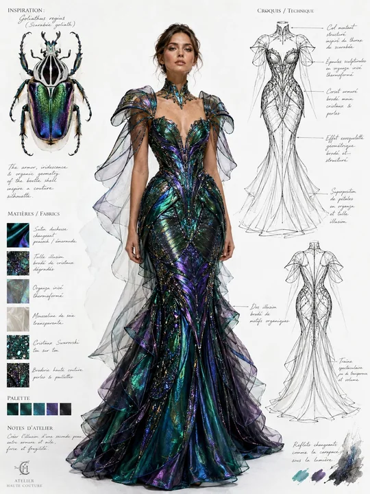 Design haute couture inspiré du scarabée-bijou arc-en-ciel