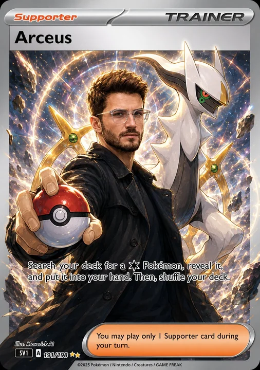 Anime-style full-body card illustration of a Pokémon Trainer