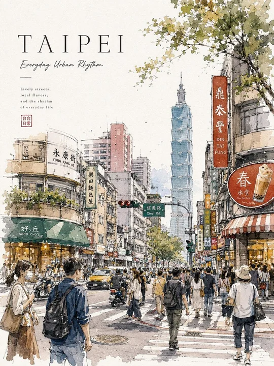 Beautiful watercolor city street hand-painted travel poster