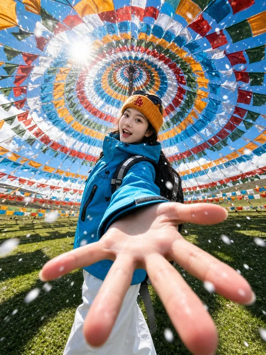 Travel selfie portrait with alpine meadow prayer flags background