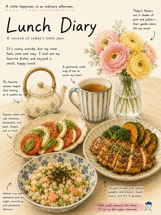 Illustration de journal de déjeuner à l’aquarelle dessinée à la main dans un style japonais
