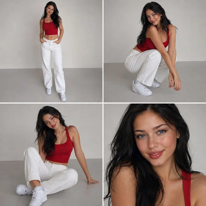 Red short tank top, white denim pants, Eastern European model portrait, four-panel grid