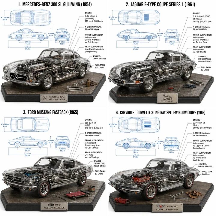 Classic famous car mechanical dissection perspective rendering