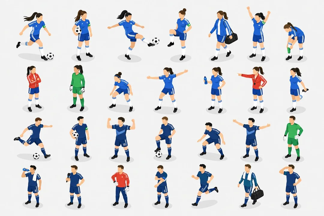 アイソメトリック視点のミニマルなベクターサッカー選手キャラクターのポーズ集