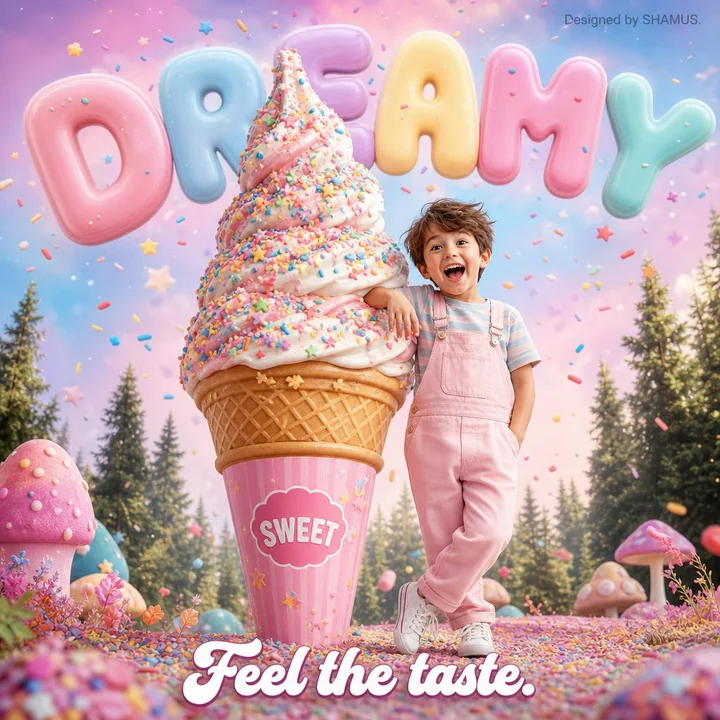 Dreamy forest giant ice cream boy dessert poster