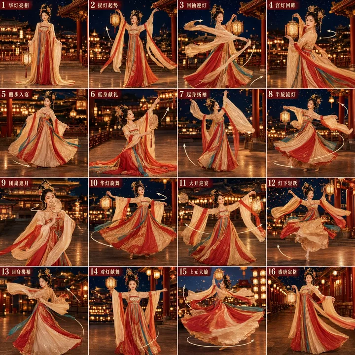 Danse de cour de la Fête des lanternes de Shangyuan sous l’apogée des Tang, storyboard en grille de seize cases