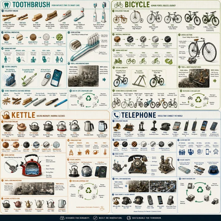 2x2 grid panorama of the evolution of industrial design for everyday products