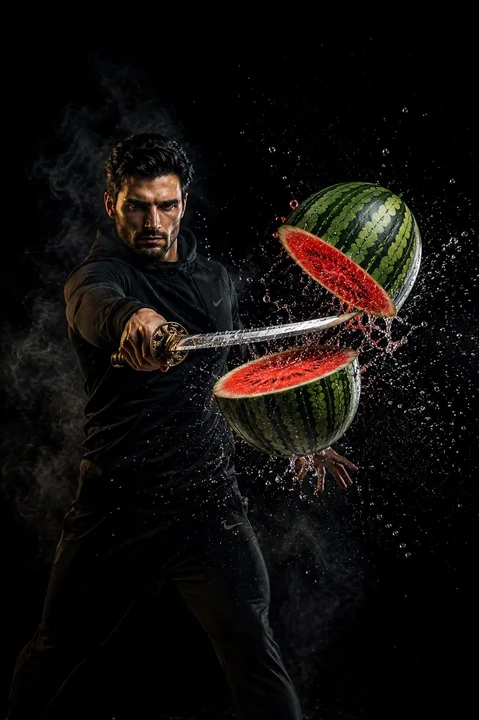 Hyper-realistic samurai sword slicing fruits dynamic visual masterpiece