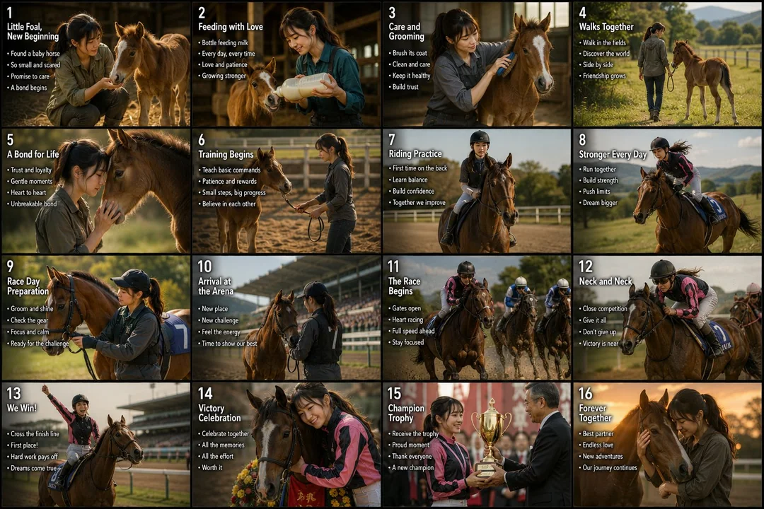 Storyboard images for a movie about a girl's growth journey with horse racing