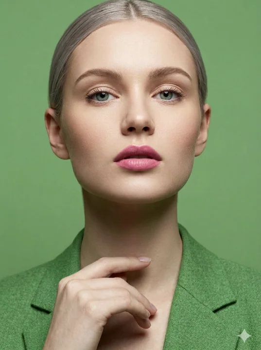 Silver-haired woman in a lime-green suit, minimalist portrait