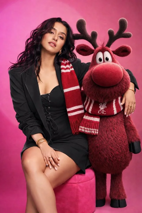 Portrait en studio d’une femme en costume rose avec un renne anthropomorphe