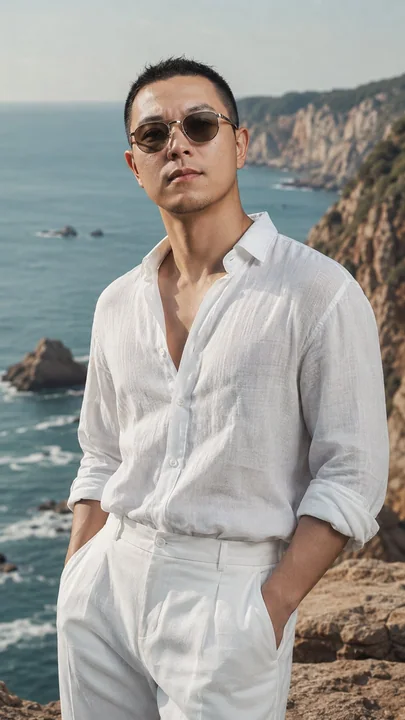 Korean-style minimalist luxurious seaside summer men's photoshoot