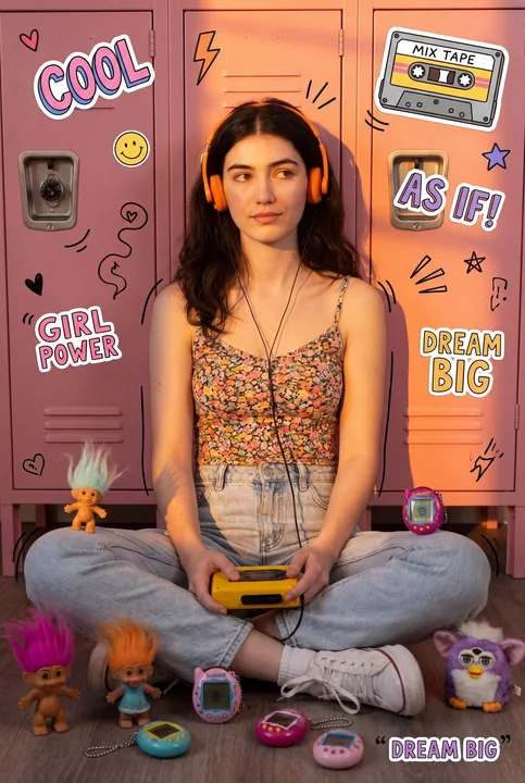 Retro collage style girl from the 90s with a cassette player