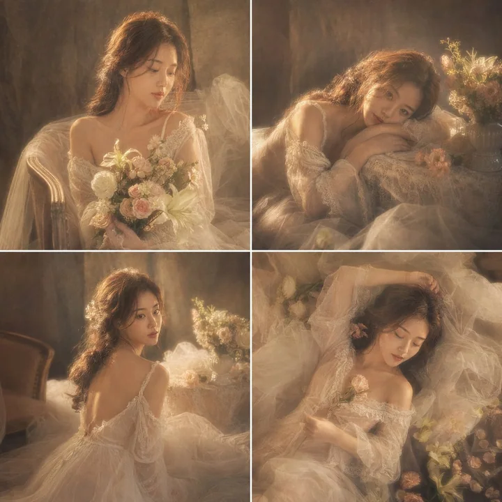 French retro oil-painting-style girl's four-panel portrait with hazy light and shadow