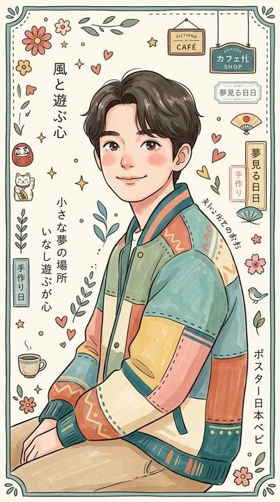 癒やし系の和風絵本スタイルの民俗芸術イラスト