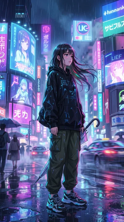 Jeune fille cyberpunk dans une nuit de pluie fluorescente