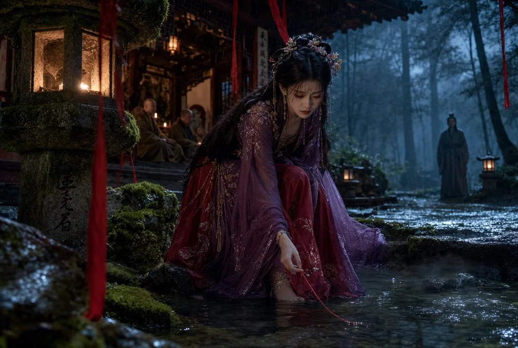 迷雾缭绕的古寺深夜溪边手执红线的汉服少女