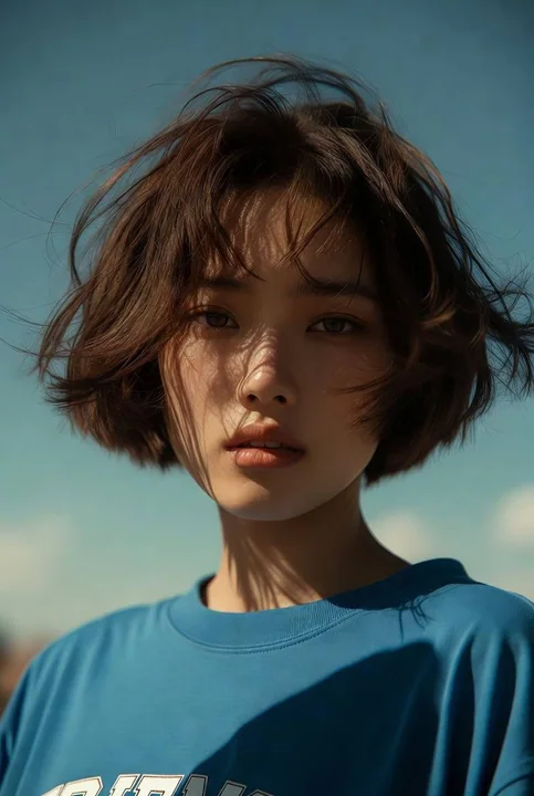 Une jeune fille asiatique aux cheveux courts, en sweat-shirt bleu, à l’heure dorée avec une ambiance cinématographique.