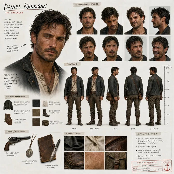 高級映画のリアルなキャラクターデザイン案のコンセプトスケッチ