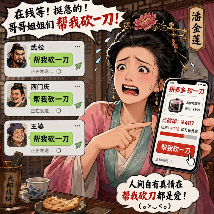 Pan Jinlian mass-sent Pinduoduo “help me cut the price” messages to Wu Song and Ximen Qing
